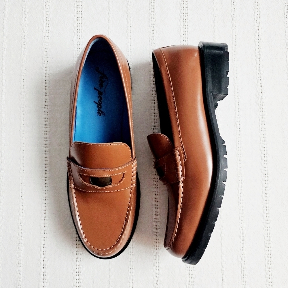 Free People Leather Penny Loafers Liv Slip On Chunky Brown Neutral Size 10 NIB